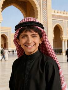 2件套儿童阿拉伯迪拜提花头巾+带流苏的沙特头带，沙特头饰，防晒，适合男孩和青少年 - 紅色 - 查看 4