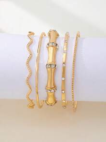 5pcs Minimalist Alloy Bamboo Knot Rhinestone Inlaid Multi-Layer Thin Bangle Bracelet Set, Versatile Stacking - Yellow Gold - View 4