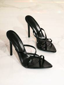 Sandalias de tacón alto de punta abierta y tanga sexy para mujer - Negro - Ver 6