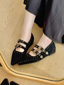 2026 New Black Versatile Color Block Pointed Toe Chunky Heel Pumps, Korean Version Metal Buckle Mid-Heel Mary Jane Shoes For Women - Black - View 8