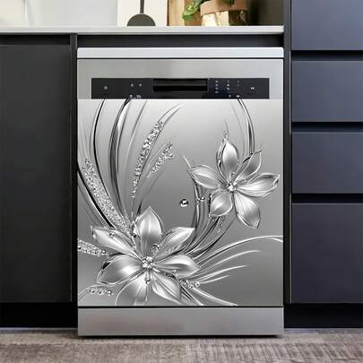 1 pièce Autocollant en métal plat 2D avec motif gaufré argenté, convient pour la décoration de la porte du lave-vaisselle, imperméable, résistant aux taches, facile à nettoyer. Décalcomanie murale autocollante en PVC, applicable sur les portes de lave-vaisselle et de réfrigérateur, décoration de cuisine.