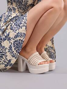 Fashion Thick Sole Waterproof Platform High Heel Open Toe Sandals, Suitable For Ball, Party, Runway, Chunky Heel Slide Sandals For Women - Beige - View 2