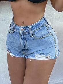 Asymmetrical Frayed Hem Distressed Ripped Wide Leg Denim Shorts For Women - Medium Wash - View 2