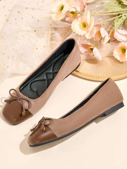 Women's Mary Jane Flat Shoes - Retro & Fashionable Khaki, Soft Rubber Sole And Padded PU Insole - Comfortable Office And Casual Shoes, Suitable For All-Day Wear In Winter, Women's Flats, New, Fashionable, Minimalist, Slip-On, Leather & Suede Patchwork Style, Bow Decor, Ideal Gift For Valentine's Day, Mother's Day, Weddings, Parties, Office And More