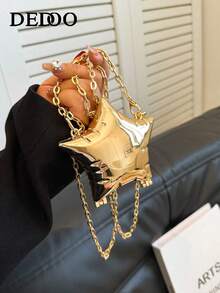 1pc New Mini Metal Pouch, Electroplated Silver Coin Purse, Shiny Avant-Garde Metallic 5-Pointed Star Handbag, Star Chain Crossbody Bag, Asymmetric Handheld Bag, Accessory Pouch, Elegant Coin Purse, Earphone Case , Wedding - Gold - View 10