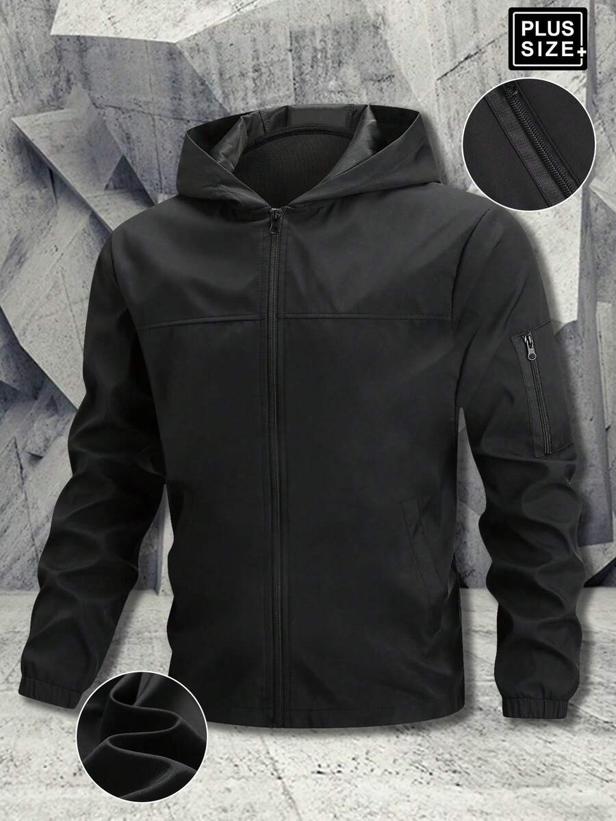 Winter Outdoor Sports Casual Solid Color Zip-Up Hooded Thick Jacket, Suitable As Gift For Boyfriend, Friend, Husband, Father's Day - Black - View 1