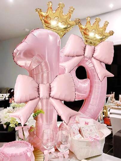 Zestaw 4 40-calowych różowych balonów foliowych z cyframi 0-9, małych różowych balonów z kokardkami i złotej korony, idealny na przyjęcia urodzinowe, imprezy tematyczne z księżniczkami, dekoracje rocznicowe