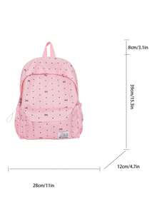 1pc Pink Nylon Casual Chic Bow Dot Print All-Over Cartoon Letter Patch Drawstring Multi-Pocket Large Capacity Foldable Water-Resistant Smooth Zipper Backpack (No Plush Pendant Plush Badge), Suitable For Spring/Summer Hot Selling, Suitable For High School Students, Versatile Use For School, Commute, Outdoor Travel, Also Can Be Used As Holiday Gifts, Can Hold Books, Pencil Case, Cosmetic Bag, Cosmetic Box, Suitable For Family, Gifts, Vacation - Pink - View 3