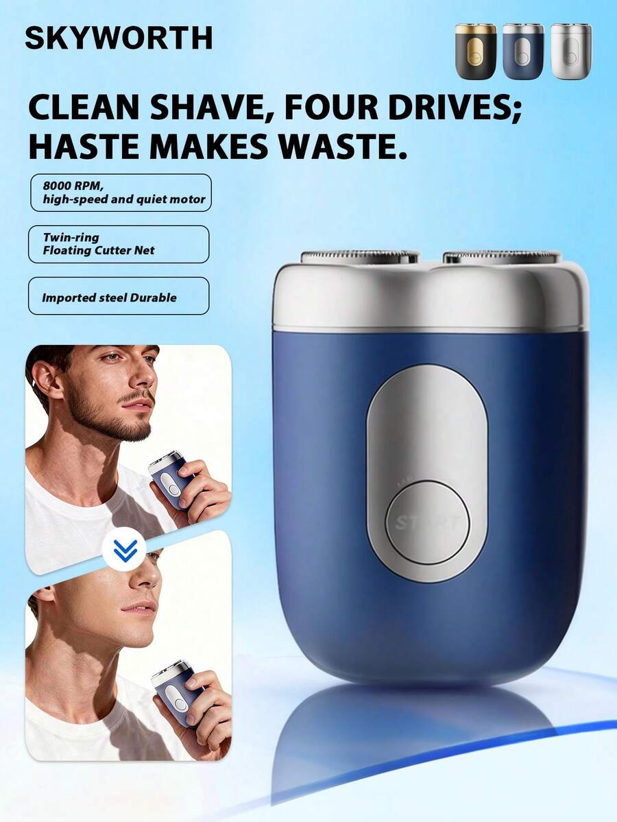 SKYWORTH 400mAh可充电电动剃须刀，IPX7级防水，干湿两用，全身可水洗，2个不锈钢刀片，一键启动，银色、黑色和蓝色可选，适合淋浴时使用，最大限度减少皮肤刺激。