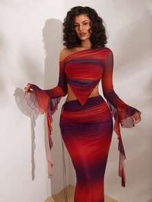 Bộ váy áo hai mảnh gợi cảm phong cách Y2K dành cho nữ, chất liệu lưới, thiết kế cổ áo bất đối xứng, hoàn hảo cho các bữa tiệc, mùa xuân/hè. - Màu đỏ tím - Xem 10