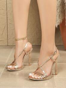 11cm Women's Sexy Stiletto High Heels With Criss-Cross Strap, Comfortable Nightclub Style, Fashionable Rose Gold Patent Leather Sandals - Rose Gold - View 1