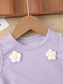 2pcs/Set Girls 3-7Y Sleeveless Top & Shorts Set, 3D Flower & Tassel Decor, Waffle Knit, Sweet Summer Outfit - Lilac Purple - View 4