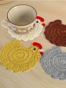 1pc Handmade Crochet Cartoon Chick Cup Mat, Heat Insulation Pad, Anti-Scald Coffee/Beverage/Tea Cup Coaster, Cute Office Desk Accessory, Home Decor - Multicolor - View 3