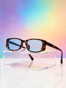 1pc Women's Narrow Rectangular Butterfly Frame Retro Street Y2K Baddie Contrast Color Chic Minimalist Fashion Fashion Glasses, Vacation - Tortoiseshell Framed Blue Plate - View 10