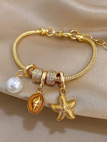 1 pieza Collar con colgante de acero inoxidable chapado en oro de 18K con estrella de mar y perla, joyería de tema oceánico dulce para mujer para verano, vacaciones en la playa, Día de la Madre/Navidad/Acción de Gracias/Halloween, Día de San Valentín/Cumpleaños, accesorio orgulloso de sirena