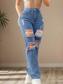 Jeans Claros Rotos Destruidos - Diseño Fresco con Aberturas Modernas,Pantalones de Mezclilla Elástica para Looks Casuales de Verano, Ideales con Sandalias o Tenis - Azul - Ver 2