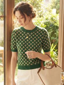 Knit Mix 法式风格女士针织通勤毛衣，花卉图案，撞色短袖T恤，适合春秋季节穿着，简约复古返校季秋季女装