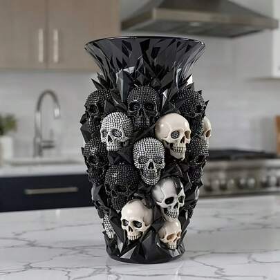 5.91 Inch Gothic Skull Decorative Vase Sculpture, Indoor/Outdoor Resin Material, Suitable For Home Garden, Planter, Farmhouse Tabletop Vase, Vintage Rustic Style Living Room Bedroom Office Decor
