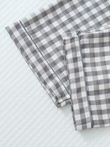 两件套格子印花睡衣套装，甜美可爱翻领纽扣长袖上衣和裤子，女士居家睡衣家居服 - 灰色 - 查看 7