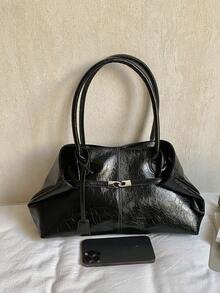 1个女士大容量手提包，PU皮革单肩包，休闲经典简约设计师商务风格包，时尚女士通勤包，黑色、白色、棕色、银色 - 黑色 - 查看 5