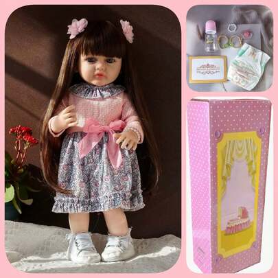 22-Inch (Approx. 55cm) Lifelike Reborn Baby Doll, Full Vinyl Body, Pink Floral Knit Dress, Long Hair Princess Style, Bathing & Play Companion, Birthday Gift (Includes Bottle, Pacifier, Diaper, Birth Certificate)