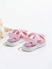 1 par de sandalias casuales de moda con lazo y strass para niñas, de suela blanda y antideslizante, con cierre de gancho y bucle, punta abierta y plana, ideales para el verano - Morado - Ver 5