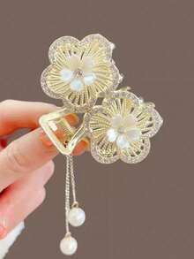 1pc Women's Small Metal Flower Rhinestone Hair Claw Clip, Suitable For Daily Wear - Red - View 9