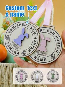 LICVIC Custom Name Easter Egg Hunt Medal Ornament, Easter Basket Stuffers, Home Decor, Personalized Easter Gift And Keepsake, For Family And Friends, Spring Easter Decorations With Bunny Badge Style, Customized Text Detail, Fully Customizable Hanging Decor - Style B - View 1