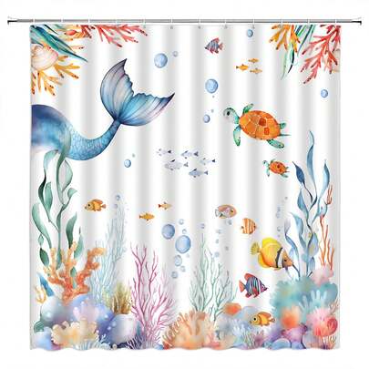 1pc Sweet And Lovely Marine Creatures Sea Turtle Mermaid Tail Shower Curtain, Cartoon Coral Turtle Printed Shower Curtain, Very Suitable For Bathroom Decoration, Universal Room Decoration, Home Decoration Set, Bathroom Accessories Bathtub Curtain