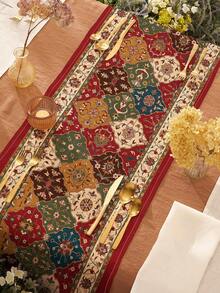1pc Bohemian Geometric Vintage Floral Print Linen Table Runner, Suitable For Holidays, Parties, Birthdays, Dinners, Kitchen & Dining Room Decor, Dresser/Cabinet Cover, All Season Home & Textile Decor - Multicolor - View 3
