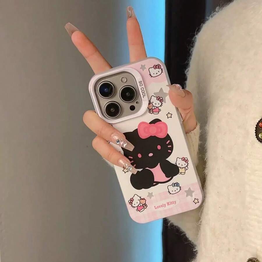 SANRIO 1pc Fashionable Star, Black & Pink Hello Kitty Glitter Silver Protective Case Compatible With IPhone 17 Pro Max/16 Pro Max/15 Pro, Shock-Absorbing, Girly Design Compatible With IPhone 14/12/13/11 - Multicolor - View 1