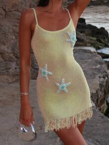 Women's Shiny Starfish Applique Sleeveless Suspender Tassel Edge Dress Knitted Suspender Dress Suitable For The Seaside - 淡黃色 - 查看 3