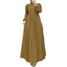 ZANZEA Elegant  Women Stand Neck Lettuce Trim Buttons Long Sleeve Pleated Muslim Dresses Holiday Casual Loose Long Dress - 卡其色 - 查看 3