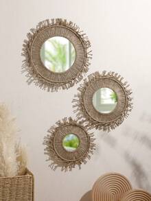 1个波西米亚风格圆形流苏镜，适合客厅、卧室悬挂，波西米亚风格装饰圆形镜，农舍风格家居装饰镜，流苏串珠装饰镜，室内壁挂镜，简约波西米亚风格镜，农舍风格梳妆镜，适合客厅、卧室、浴室、儿童房、玄关。 - 彩色 - 查看 9