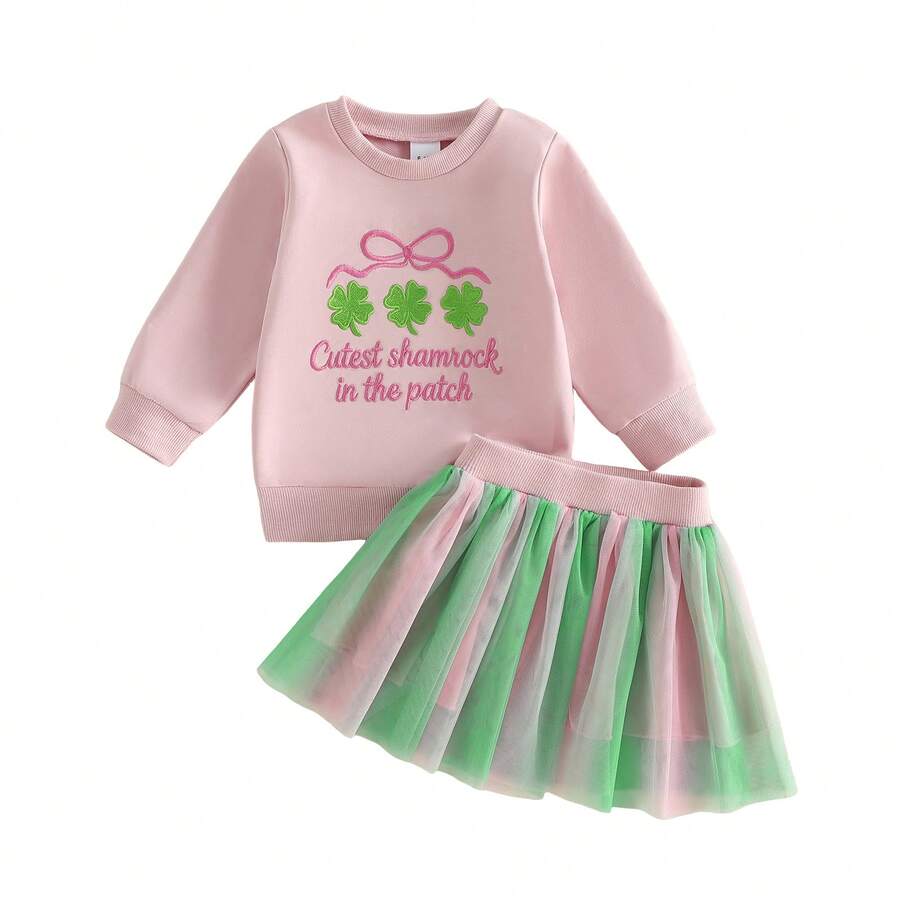 2Pcs/ Set Toddler Baby Girl St Patricks Day Outfit Lucky Charm Sweatshirt And Tulle Tutu Skirts Set Cute Infant Irish Clothes  St Patricks Day Gifts For Kids - 粉色 - 查看 1