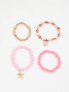 4pcs/Set Fashionable Bohemian Ocean Beach Style Starfish Pendant Multi-Layer Beaded Asymmetrical Bracelet Set