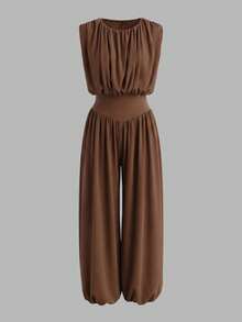 Women's Elegant & Fashionable Jumpsuit - Sleeveless Top Paired With Waist-Slimming Tapered Pants, Minimalist Style Suitable For Daily Outings, Spring/Autumn - Light Brown - View 2