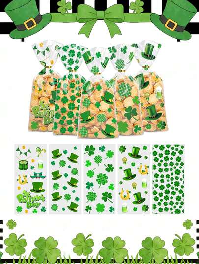 50个/套 圣帕特里克节四叶草顶部H形印花糖果袋，便携式四叶草主题塑料礼品袋，带扭绳，圣帕特里克节派对手提袋，适用于生日派对、圣帕特里克节派对礼品包装、婚礼、性别揭晓派对、节日、烘焙