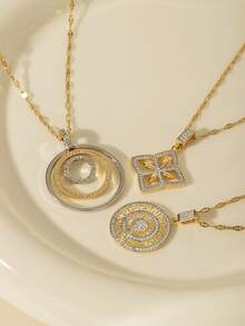 Gold & Silver Geometric Pendant Necklace - Greek Key/Rotating Circle/Diamond Rhinestone Jewelry, Suitable For Elegant Casual/Daily Wear - Gold - View 1