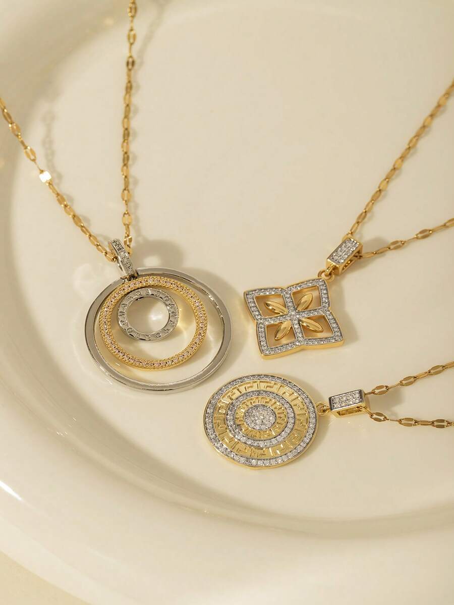 Gold & Silver Geometric Pendant Necklace - Greek Key/Rotating Circle/Diamond Rhinestone Jewelry, Suitable For Elegant Casual/Daily Wear - Gold - View 1
