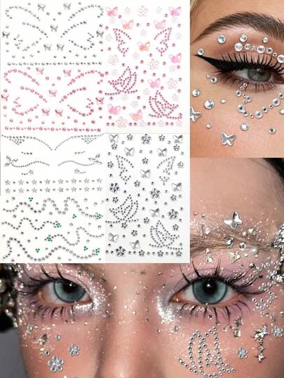 蝴蝶形银粉色闪光面部宝石，闪亮钻石花朵装饰，可用于眼部、指甲、面部，适合狂欢节、情人节、Y2K派对、日常装饰、DIY面部装饰、音乐节、化妆派对、舞会等场合。