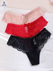 3Pcs/Set Sexy Lace Thongs Underwear Low-Rise Panties For Woman - Multicolor - View 3