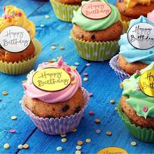 30 piezas Decoraciones para pastel de acrílico con mensaje "Feliz Cumpleaños", en forma de círculo/corazón/hexágono con efecto espejo, en colores dorado + oro rosa + plata, adecuadas para decorar pasteles en fiestas de cumpleaños - Multicolor - Ver 6