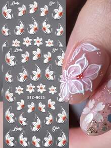 2片装白色花朵美甲贴纸，优雅兰花、山茶花、白色花瓣设计、百合花，适合春夏婚礼美甲DIY，女士及女孩适用 - 彩色 - 查看 1