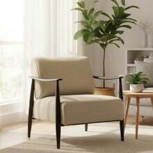 HOMEMAKE FURNITURE Sillones de Sala Modernos Asiento Ancho Resortes de Nueva Tecnología Alta Comodidad y Soporte Firme Brazos de Madera Sala Recámara y Estudios Modernos Beige + Madera Oscura - BeigeMaderaOscura - Ver 1