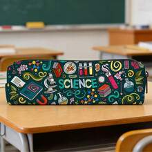 1pc Cylindrical Pencil Case Printed With "SCIENCE" Letter And Science-Themed Illustrations, Simple And Lightweight, Made Of Polyester Fabric. Suitable For Students As Pencil Pouch Or Backpack Organizer. - Multicolor - View 1