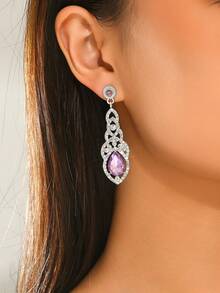 1 Pair Elegant Crystal Water Drop Bridal Wedding Earrings - Mauve Purple - View 4