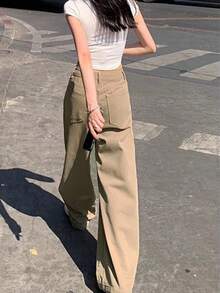 卡其色高腰宽松修身直筒牛仔裤，女士款，秋季款，无腰带 - 卡其色 - 查看 3