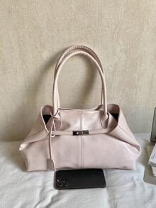1个女士大容量手提包，PU皮革单肩包，休闲经典简约设计师商务风格包，时尚女士通勤包，黑色、白色、棕色、银色 - 粉色 - 查看 5