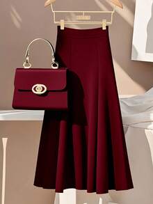 Women's Fashionable Elegant Commuter Casual Solid Color Skirt Spring - Burgundy - View 2
